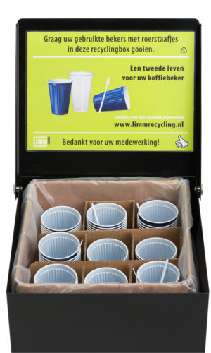 Koffiebeker-box, efficiënt verzamelen en kostenbesparend recyclingsysteem van LIMM Recycling voor een circulaire economie